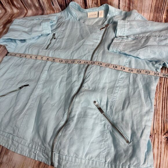 Chico's 100% Linen Jacket Size 3 US X Large 16 Blue Zip Up 3/4 Sleeve Coat Top - Picture 3 of 7